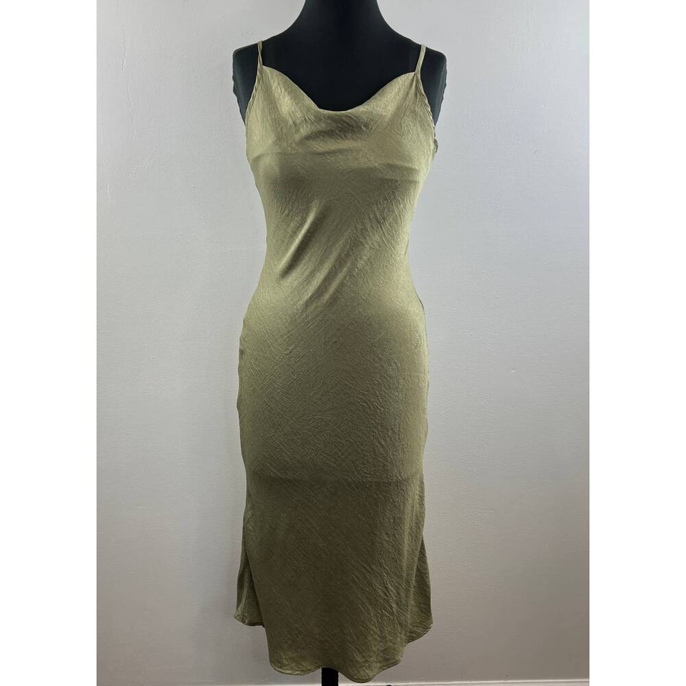 Yellow the Label Green Silky Satin Cowl Neck Strappy Pullover Midi Slip Dress S
